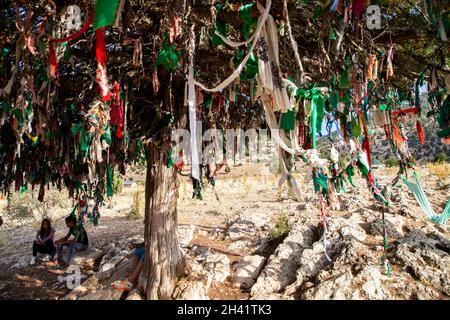 Elmali,Antalya,Turkey - 06-23-2016:A multicolored traditional wish tree in the village of Tekke Stock Photo