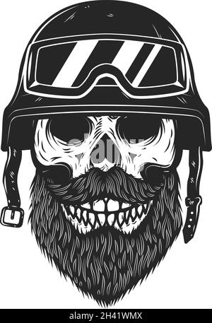 Illustration of bearded skull in racer helmet. Design element for logo, label, sign, emblem. Vector illustration Stock Vector