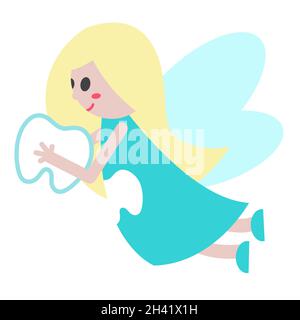 Funny cartoon Tooth Fairy. Cute girl with fair hair and wings. Fairy in blue dress with tooth print. Illustration for kids and children. Print for Stock Vector