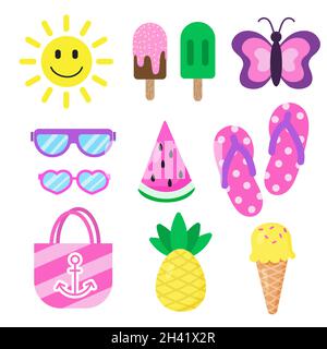 Set of summer and vacation elements. Smiling sun, ice creams, sunglasses, butterfly, watermelon, flip flops, beach bag and pineapple. Illustration for Stock Vector