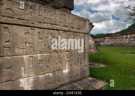 Detail of a bas-relief carving in a pyramid at the EL Tajin archeological site, in Papantla, Veracruz, Mexico. Stock Photo