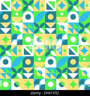 Abstract geometric seamless pattern. Neo geo style print, vector illustration. Simple repeating lines and shapes mosaic background. Blue, white, green Stock Vector