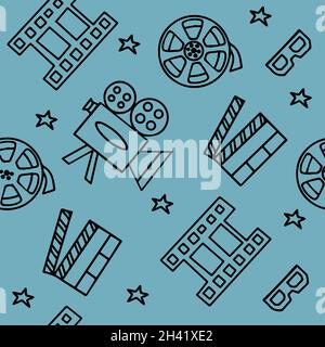 Seamless Pattern with Cinema, TV Shows, Series and Movies Funny Doodle Vector icons. Hand drawn colorful illustration. Set for podcast, awards and Stock Vector