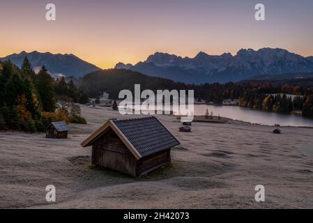 Sunrise at Geroldsee, Klais, Werdenfelser Land, Bavaria, Germany Stock Photo