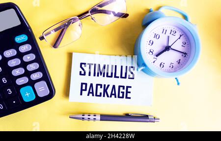 stimulus package word cloud on sticker, aid bill during covid-19 coronavirus pandemic concept Stock Photo