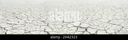 Dried white clay panorama, natural cracked texture of dry lake bed with perspective and deep focus Stock Photo