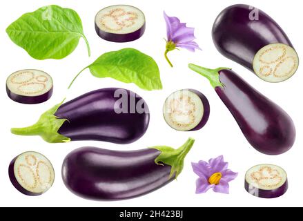 Isolated aubergines collection. Pieces of eggplants and whole fruits, leaves and flowers isolated on white background Stock Photo