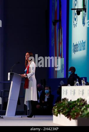 (211031) -- GLASGOW, Oct. 31, 2021 (Xinhua) -- Carolina Schmidt, chairwoman of the COP25 and the environment minister of Chile, speaks at the opening ceremony for COP26 in Glasgow, Scotland, the United Kingdom, on Oct. 31, 2021. The 26th United Nations Conference of Parties on Climate Change (COP26), delayed by a year due to the COVID-19 pandemic, kicked off on Sunday in Glasgow, Scotland.As the first conference after the five-year review cycle under the Paris Agreement inked in 2015, delegates are expected to review overall progress and plan future actions on climate change in the coming two Stock Photo