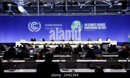 Photo taken on Oct. 31, 2021 shows a general view of the opening ceremony for COP26 in Glasgow, Scotland, the United Kingdom. The 26th United Nations Conference of Parties on Climate Change (COP26), delayed by a year due to the COVID-19 pandemic, kicked off on Sunday in Glasgow, Scotland.As the first conference after the five-year review cycle under the Paris Agreement inked in 2015, delegates are expected to review overall progress and plan future actions on climate change in the coming two weeks. (Xinhua/Han Yan) Stock Photo