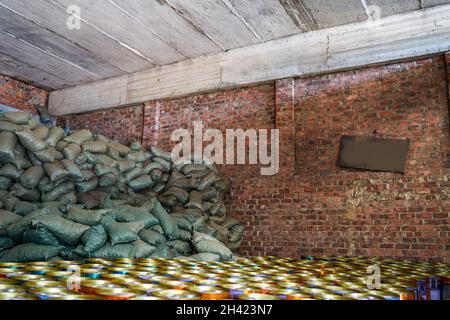 Mountains of sack goods piled up in the chemical warehouse Stock Photo