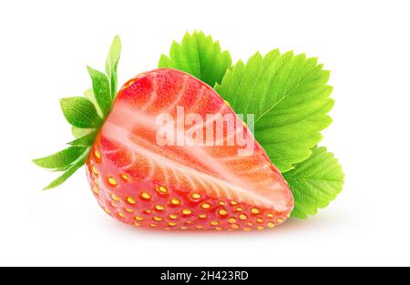 Isolated cut fruit. One fresh strawberry with cut out piece with leaf isolated on white background Stock Photo