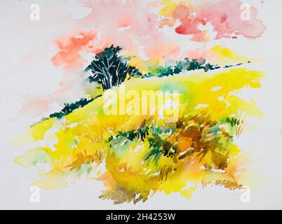 Nice watercolor painting of yellow field in the morning. Hand painted watercolor illustration. Abstract nature painting. Stock Photo