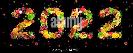 Happy New Year 2022 number made of fruits and berries