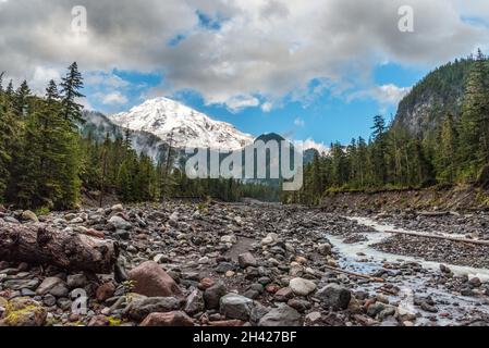 Great view on Mt Rainier from Nisqually river, USA Stock Photo