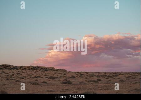 Pink clouds at sunset and desolate flat landscape, copy space for text. Stock Photo