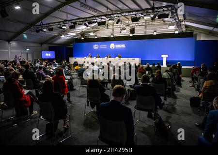 Glasgow, Scotland, UK. 31st Oct, 2021. PICTURED: (L-R) Mr Alexander Saier - Manager of Communications; Patricia Espinosa - Executive Secretary; Alok Sharma - COP26 President; Lynn Davidson - Spokesperson UK, seen speaking at a press conference on the opening day at COP26. Credit: Colin Fisher/Alamy Live News Stock Photo