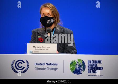 Glasgow, Scotland, UK. 31st Oct, 2021. PICTURED: Lynn Davidson - Spokesperson UK, seen speaking at a press conference on the opening day at COP26. Credit: Colin Fisher/Alamy Live News Stock Photo