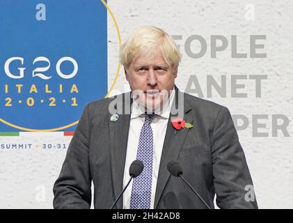 Prime Minister Boris Johnson speaks during the closing press conference at the G20 summit in Rome, Italy. Picture date: Sunday October 31, 2021. Stock Photo
