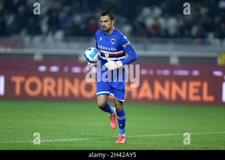 Emil Audero of Uc Sampdoria  controls the ball during the Serie A match between Torino Fc and Uc Sampdoria at Stadio Olimpico on October 30, 2021 in Turin, Italy. Stock Photo