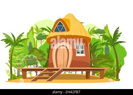 Bungalow beach. Exterior of the building. House in nature. Near the jungle and palm trees. Made from traditional building materials. A hut on the Stock Vector