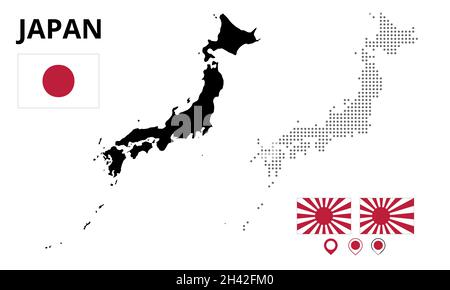 Map of japan with flags in original color. Map dotted with silhouette flags and pin Stock Vector