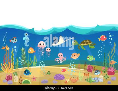 Bottom of reservoir with fish. Blue water. Sea ocean. Underwater landscape with animals. plants, algae and corals. Isolated illusteration. Vector art Stock Vector