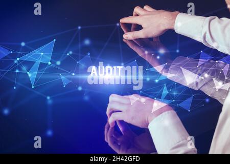 Businessman touching huge screen concept Stock Photo