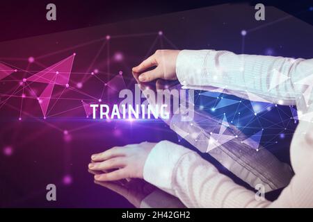 Businessman touching huge screen concept Stock Photo