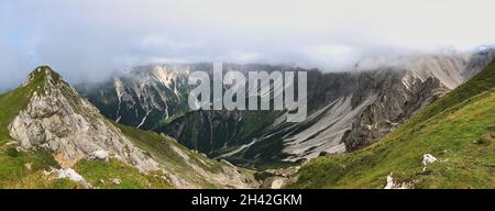 Mountain View of Karwendel Alps in Seefeld. Breathtaking Panorama of Austrian Alpine Nature during Summer. Stock Photo