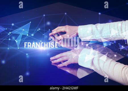 Businessman touching huge screen concept Stock Photo
