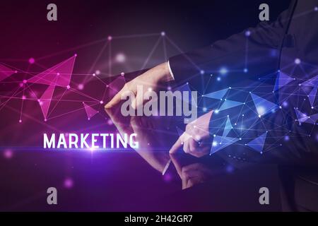Businessman touching huge screen concept Stock Photo