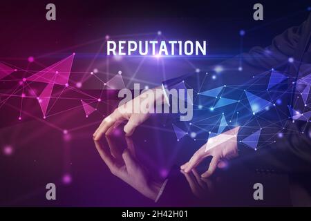 Businessman touching huge screen concept Stock Photo