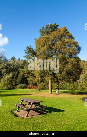 A picnic table in the Riverside Park Glenrothes, Fife, Scotland. Stock Photo