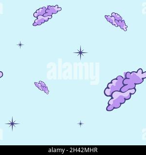 Seamless pattern with violet stars and clouds. Vector illustration. Stock Vector