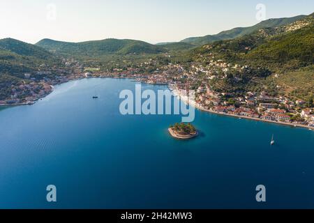 Panoramic aerial drone photo of the port of Vathi and Lazaretto island in Ithaca Greece Stock Photo