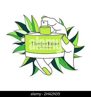 Green perfume in elegant female hand with green manicure on a background of leaves. Vector illustration. Stock Vector