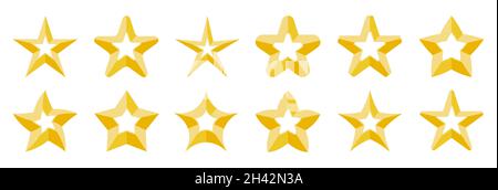Stars rating golden yellow icon flat set. Product rating classic icon. Quality symbol premium customers. Best quality striking insignia website, game, score. Order victory award luxury isolated white Stock Vector