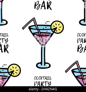 Vector illustration of a glass with a cocktail, bubbles and a slice of lemon, a straw. Icon. Stock Vector