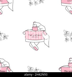 Background seamless pattern with a bottle of perfume in the hands of a girl with a pink manicure. Flying flowers from a bottle. Stock Vector