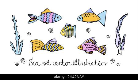 Set of colorful fish, algae, waves. Marine set of vector illustrations. Stock Vector