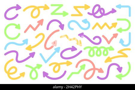 Arrow colorful hand drawn pointer flat set. Scrapbook for typography or web design. Flexible navigation curve doodle infographic. Kid attention sign. Abstract direction bright icon isolated on white Stock Vector