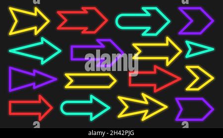 Arrow neon color sign glowing pointer set flat. Glowing advertising signboard bright night advertising. Retro arrow lamp different shape. Navigation club shop shining banner external electric guide Stock Vector