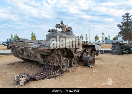 Tank T-72 in The Military Trophy Park in Baku. Destroyed Armenian military vehicles. Stock Photo