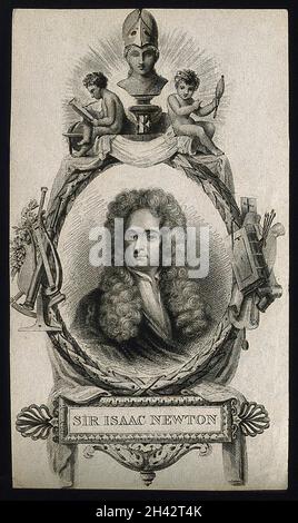 Sir Isaac Newton. Line engraving after Sir G. Kneller, 1702. Stock Photo