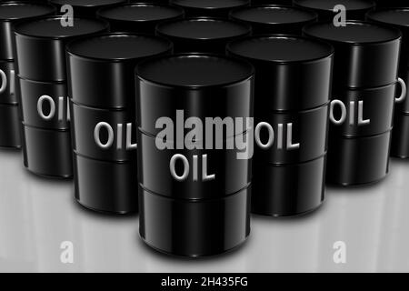 Group of oil barrels as a raw material concept. Financial world crisis concept. Down of oil price, market decline. 3D Render Stock Photo