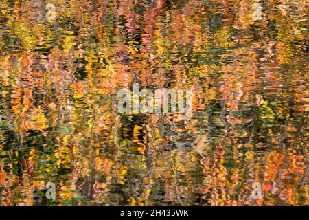Abstract patterns and colours on the flowing water of a river in Autumn with golds, reds and orange colours. Stock Photo