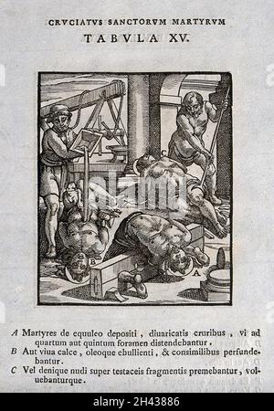 Martyrdom of three male saints by various methods. Woodcut. Stock Photo