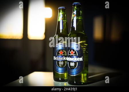 Deatils of a Heineken alcohol free beer bottle are seen in this photo illustration on 31 October, 2021 in Warsaw, Poland. Stock Photo