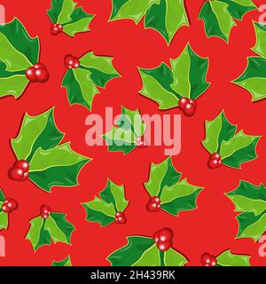 Christmas holly leaves background design. Holidays vector seamless pattern. Stock Vector