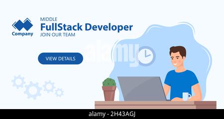 Recruitment web vertical banner concept. Full Stack Developer needed. Young man working on laptop in office. Job offer, vacancy, HR, hiring. Vector fl Stock Vector